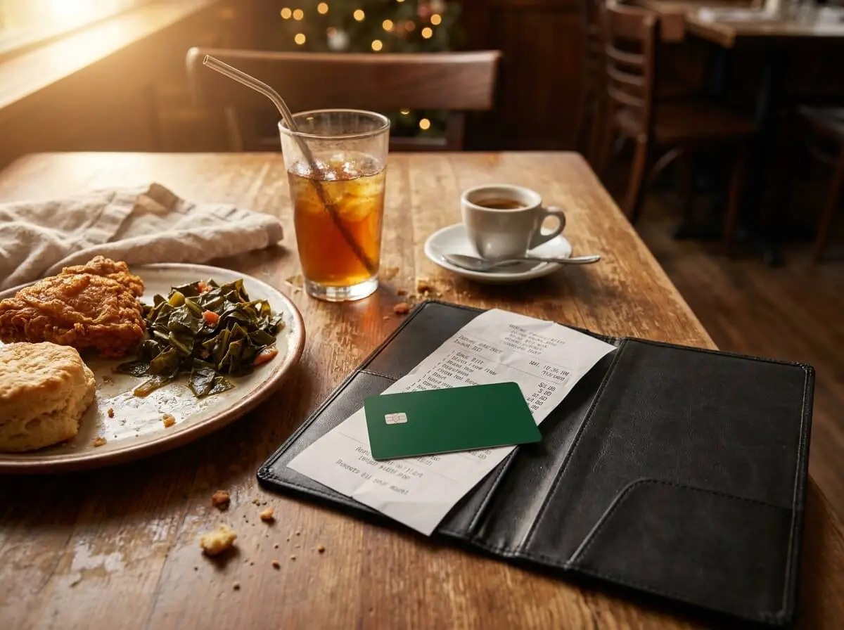 GHFCU green secured Visa credit card used to pay a restaurant bill at a Savannah dining table