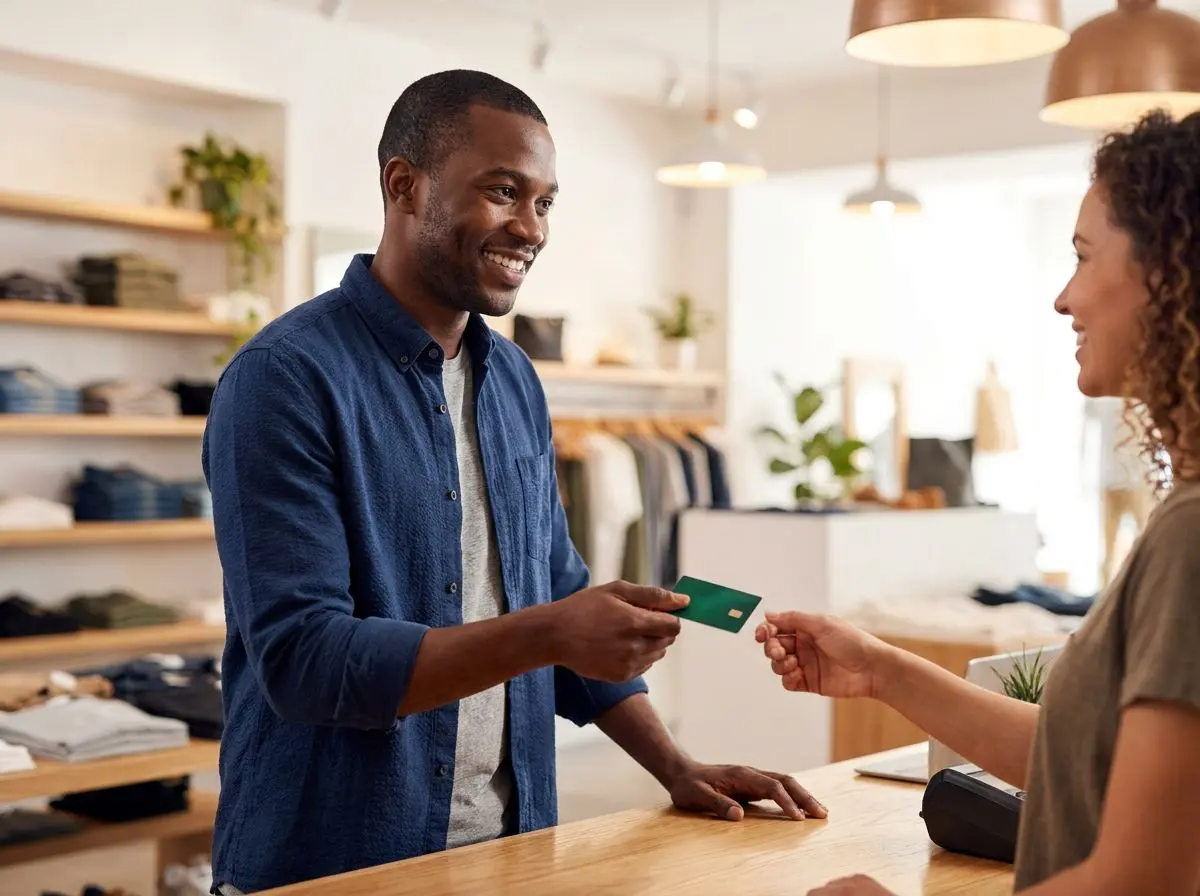 Black man handing a green Georgia Heritage FCU secured credit card to a cashier at a retail store