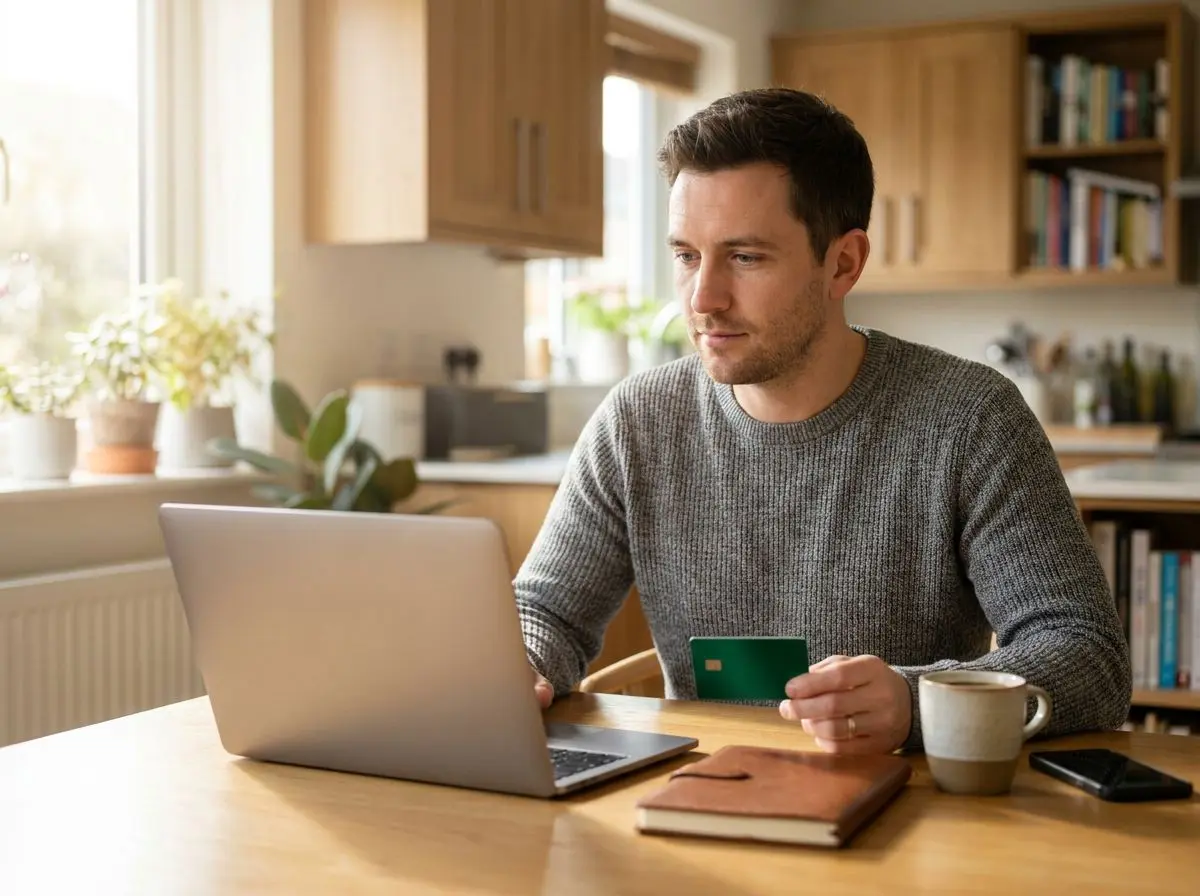 White man reviewing his Georgia Heritage FCU secured credit card account on a laptop at home