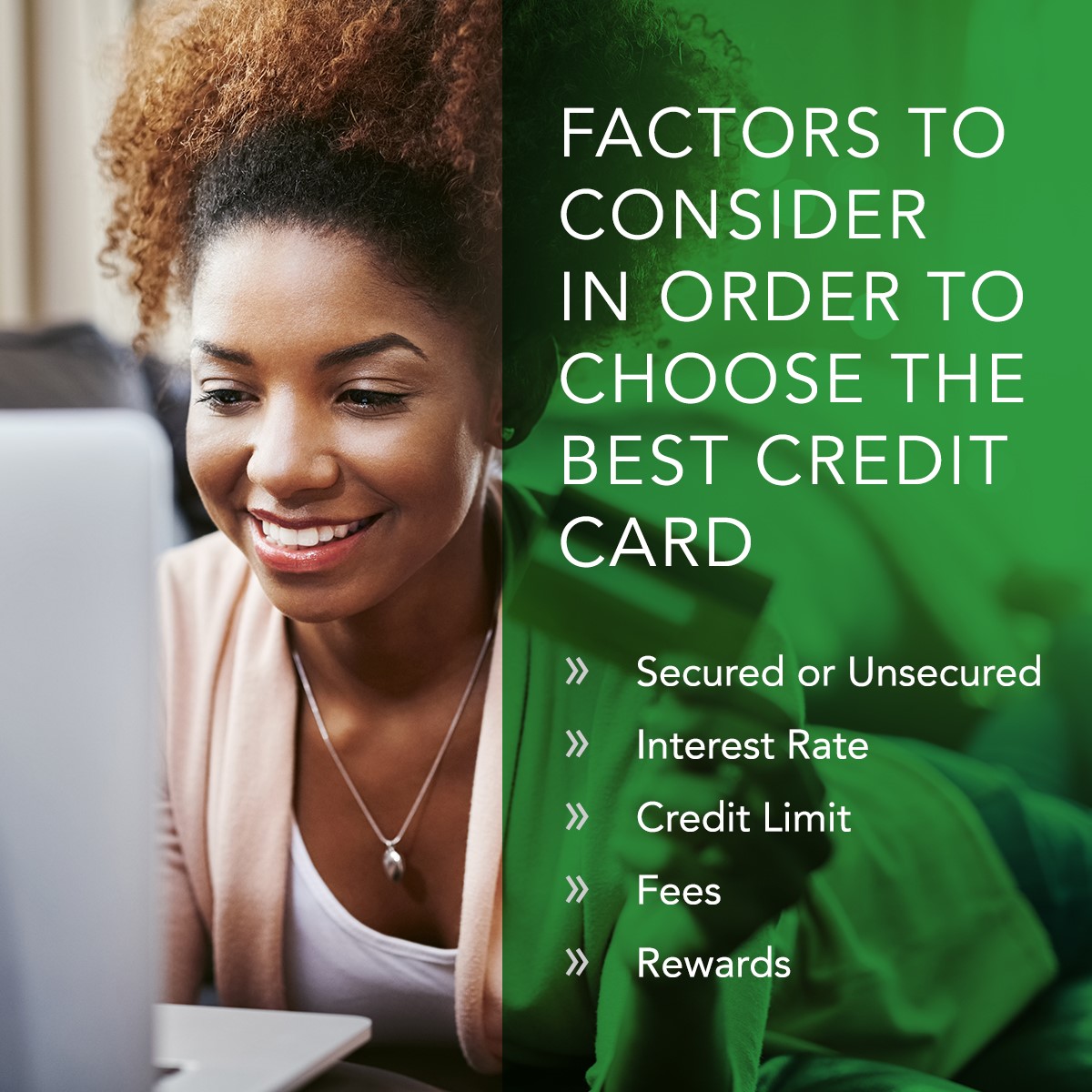 This image features a woman looking at a computer. It includes a list of factors Georgia residents can use to choose the best credit card.