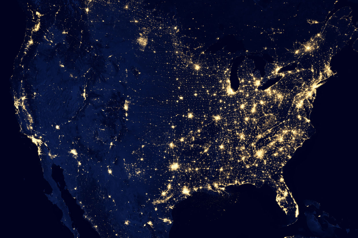 A satellite shot of the United States at night